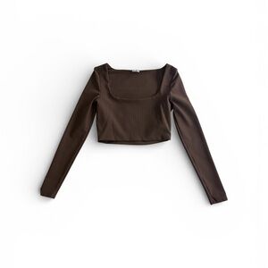 Cotton On Brown Ribbed Square Neck Long Sleeve Crop Top